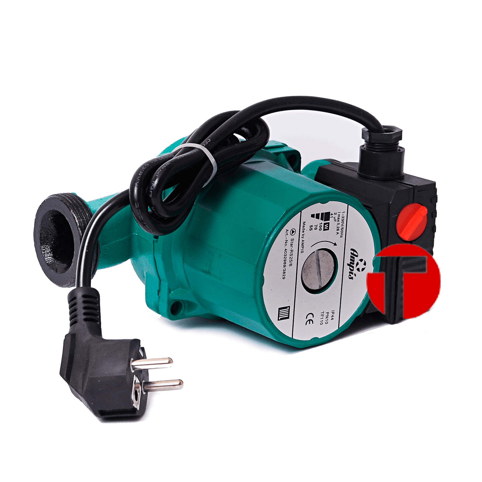 Циркуляционный насос Ampis 25-40-130 D  (green-т) с гайками и кабелем.